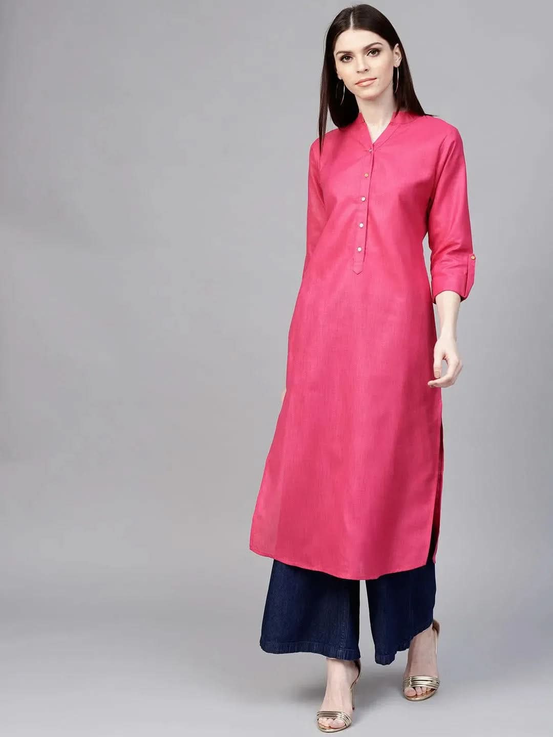 Anouk Pink Solid Cotton Kurta