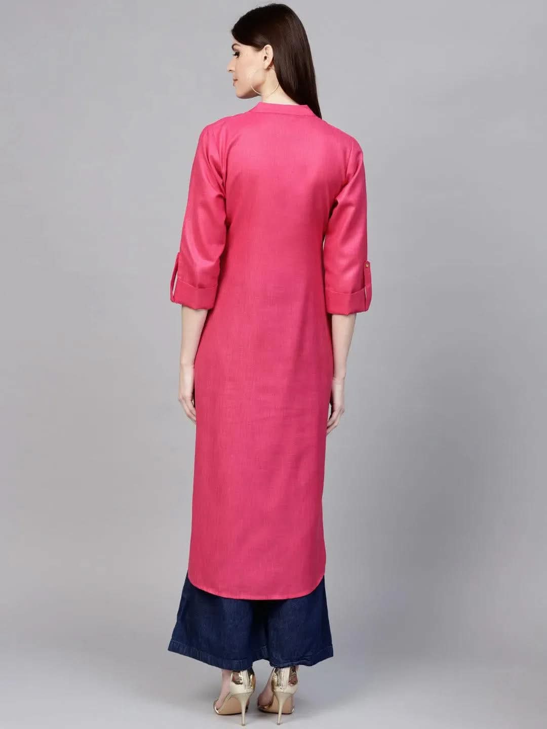 Anouk Pink Solid Cotton Kurta