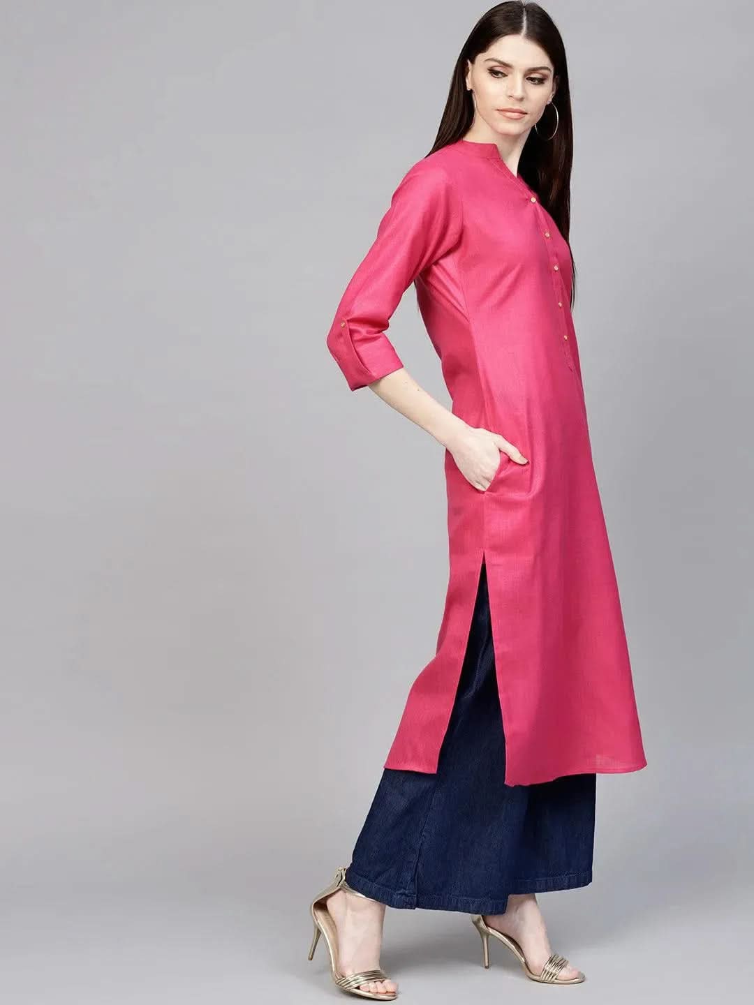 Anouk Pink Solid Cotton Kurta