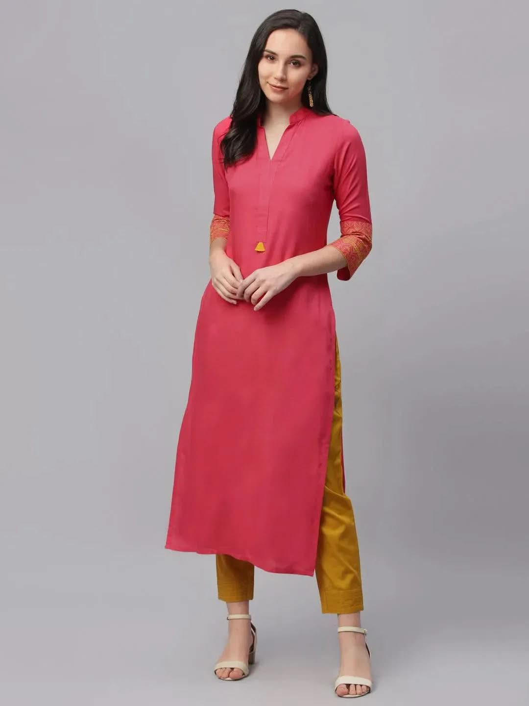 Anouk Pink Solid Rayon Kurta