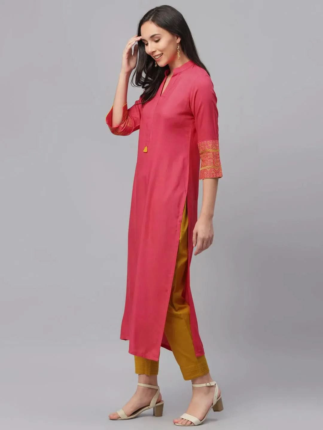 Anouk Pink Solid Rayon Kurta