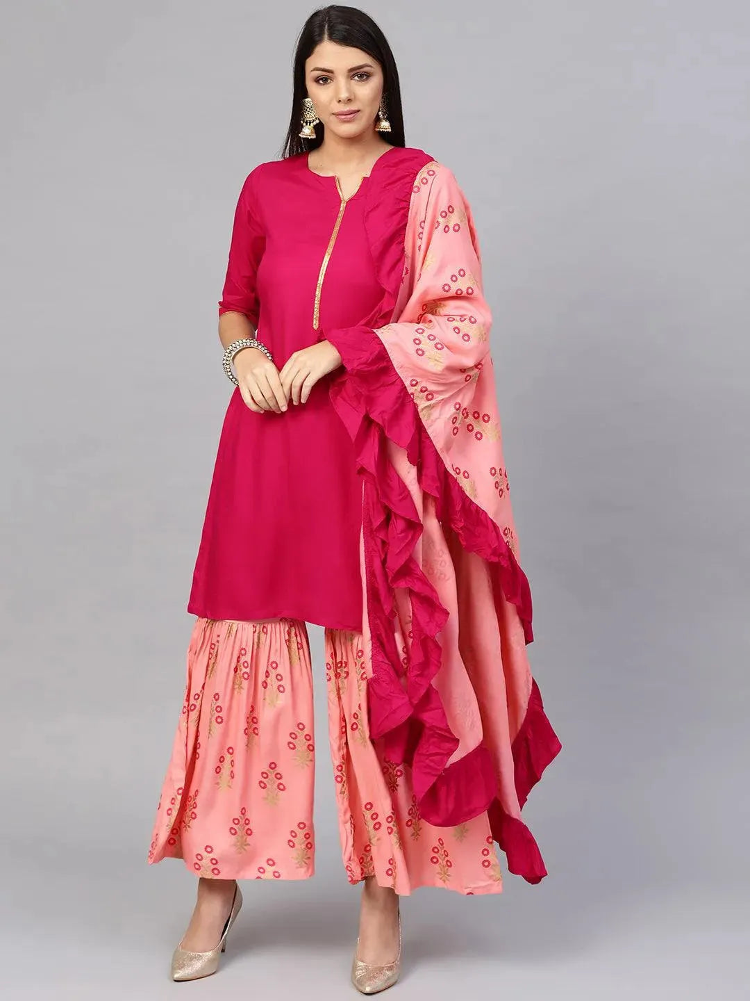 Anouk Pink Solid Rayon Straight Kurta With Sharara & Dupatta