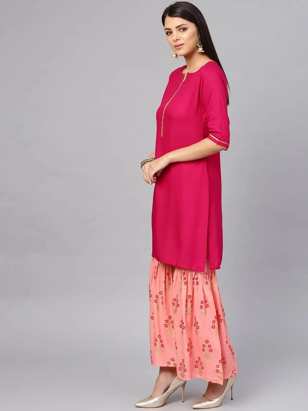 Anouk Pink Solid Rayon Straight Kurta With Sharara & Dupatta