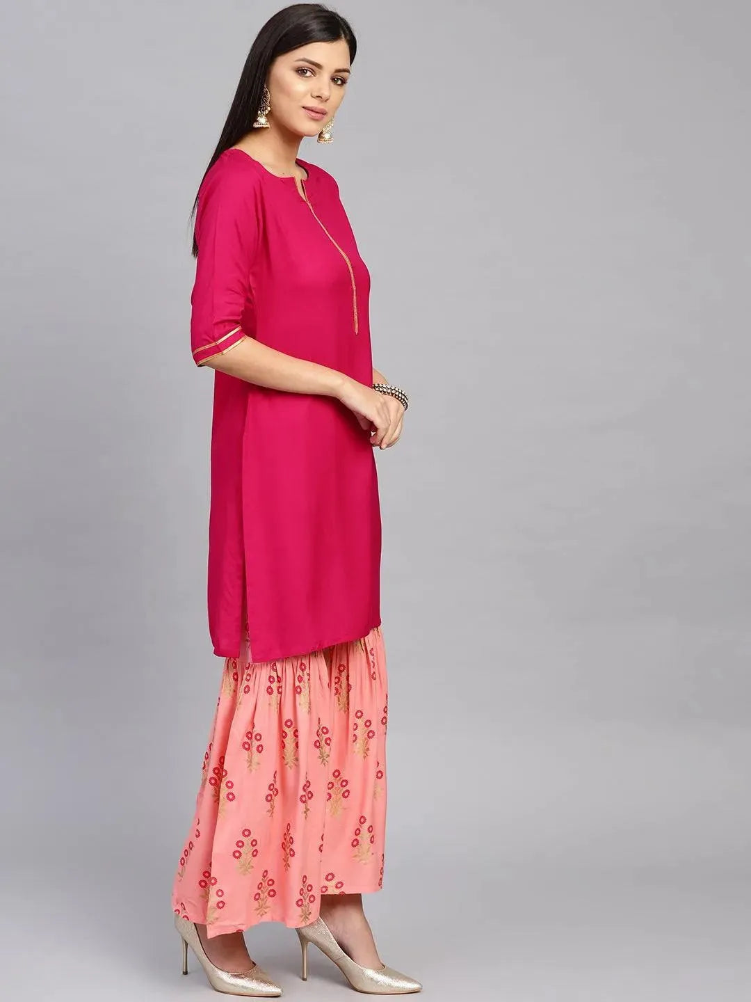 Anouk Pink Solid Rayon Straight Kurta With Sharara & Dupatta
