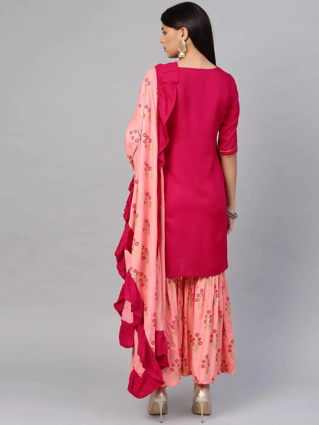 Anouk Pink Solid Rayon Straight Kurta With Sharara & Dupatta