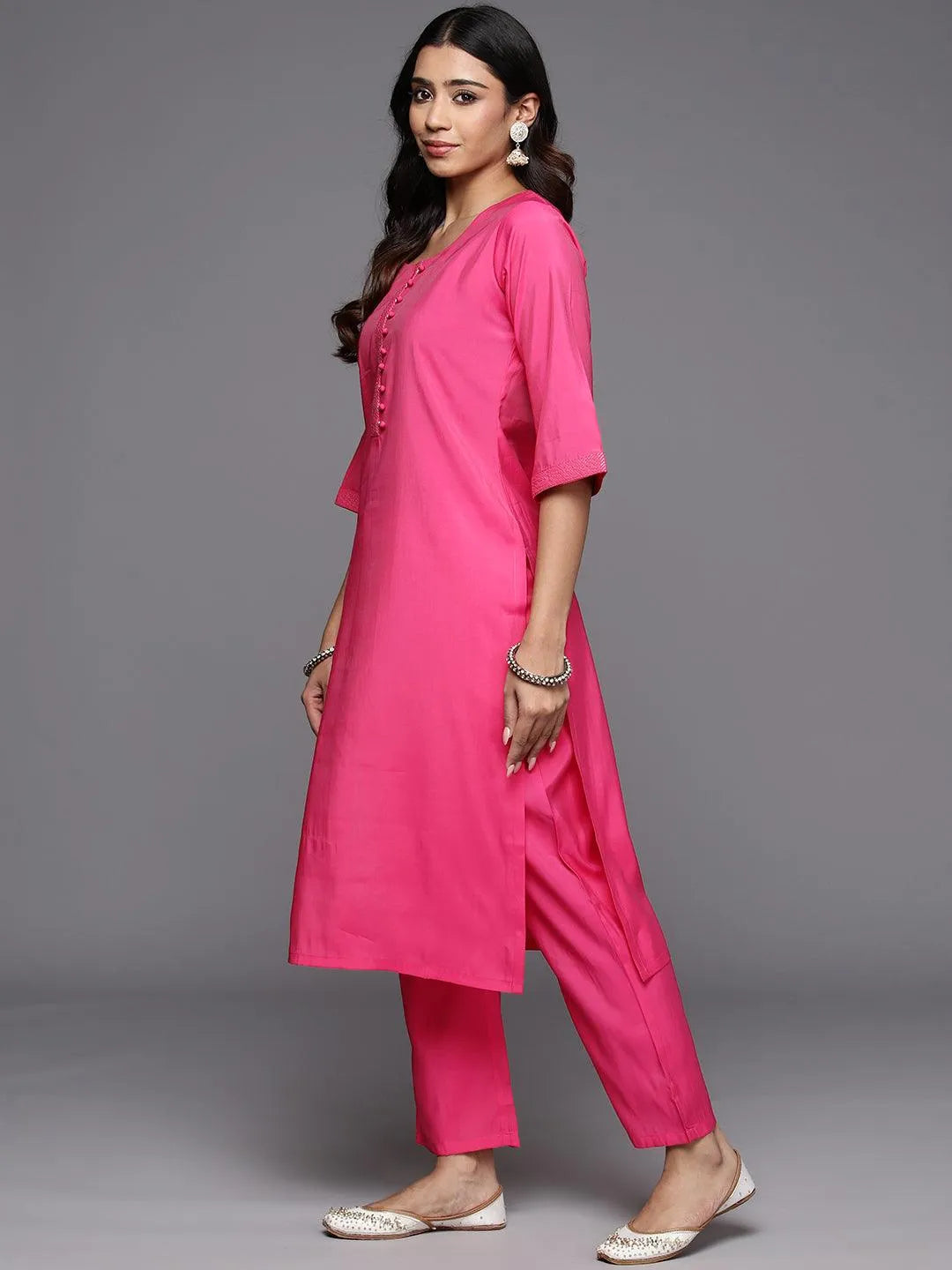 Anouk Pink Solid Silk Blend Straight Suit With Dupatta