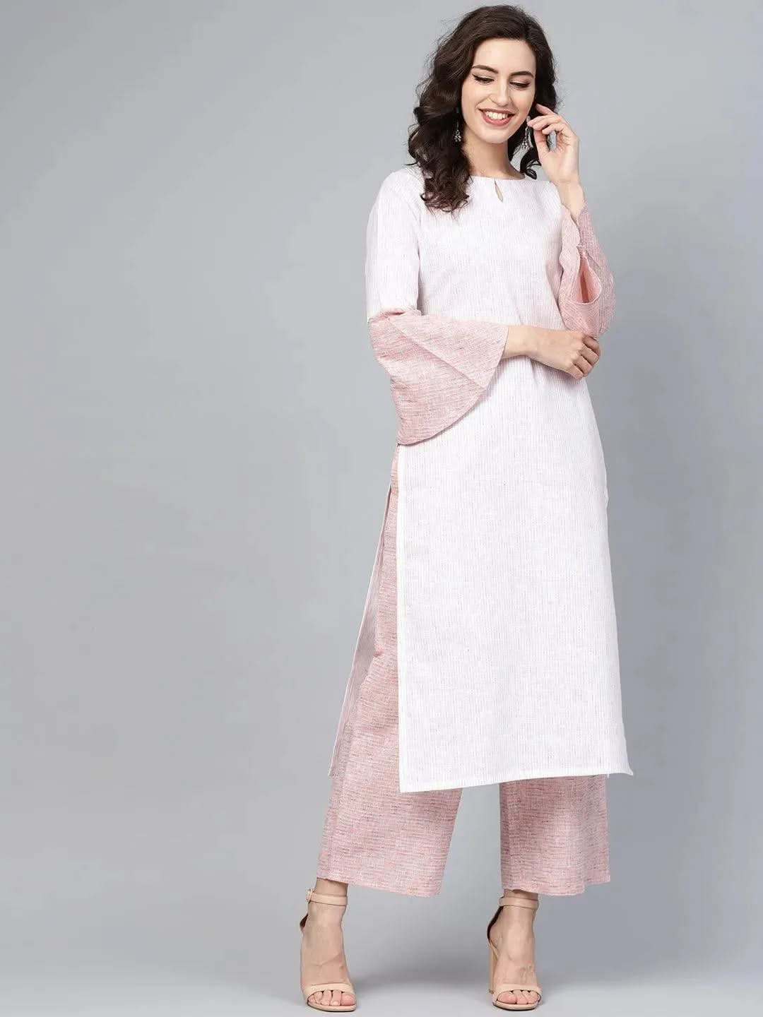 Anouk Pink Striped Cotton Straight Kurta With Palazzos
