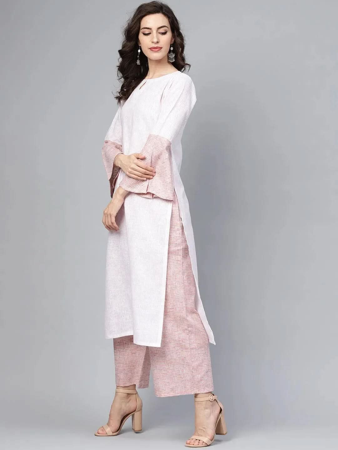 Anouk Pink Striped Cotton Straight Kurta With Palazzos