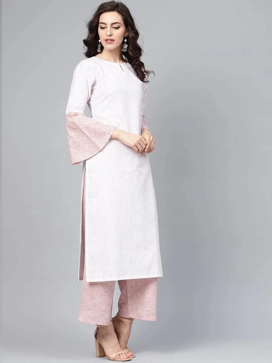 Anouk Pink Striped Cotton Straight Kurta With Palazzos