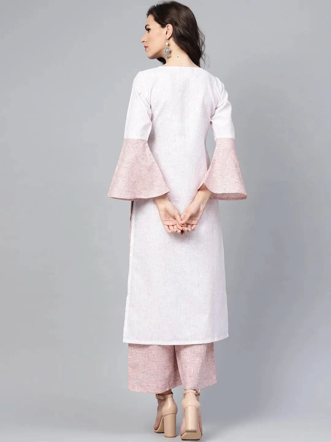 Anouk Pink Striped Cotton Straight Kurta With Palazzos
