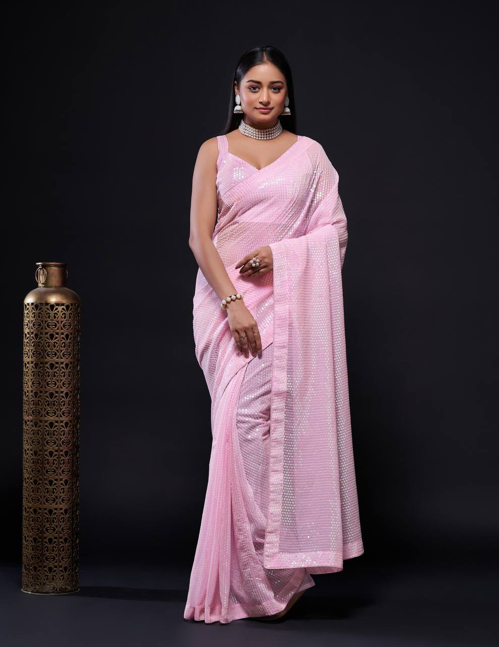 Pink Stunning Georgette Saree with Rainbow Sequin Work & Matching Blouse