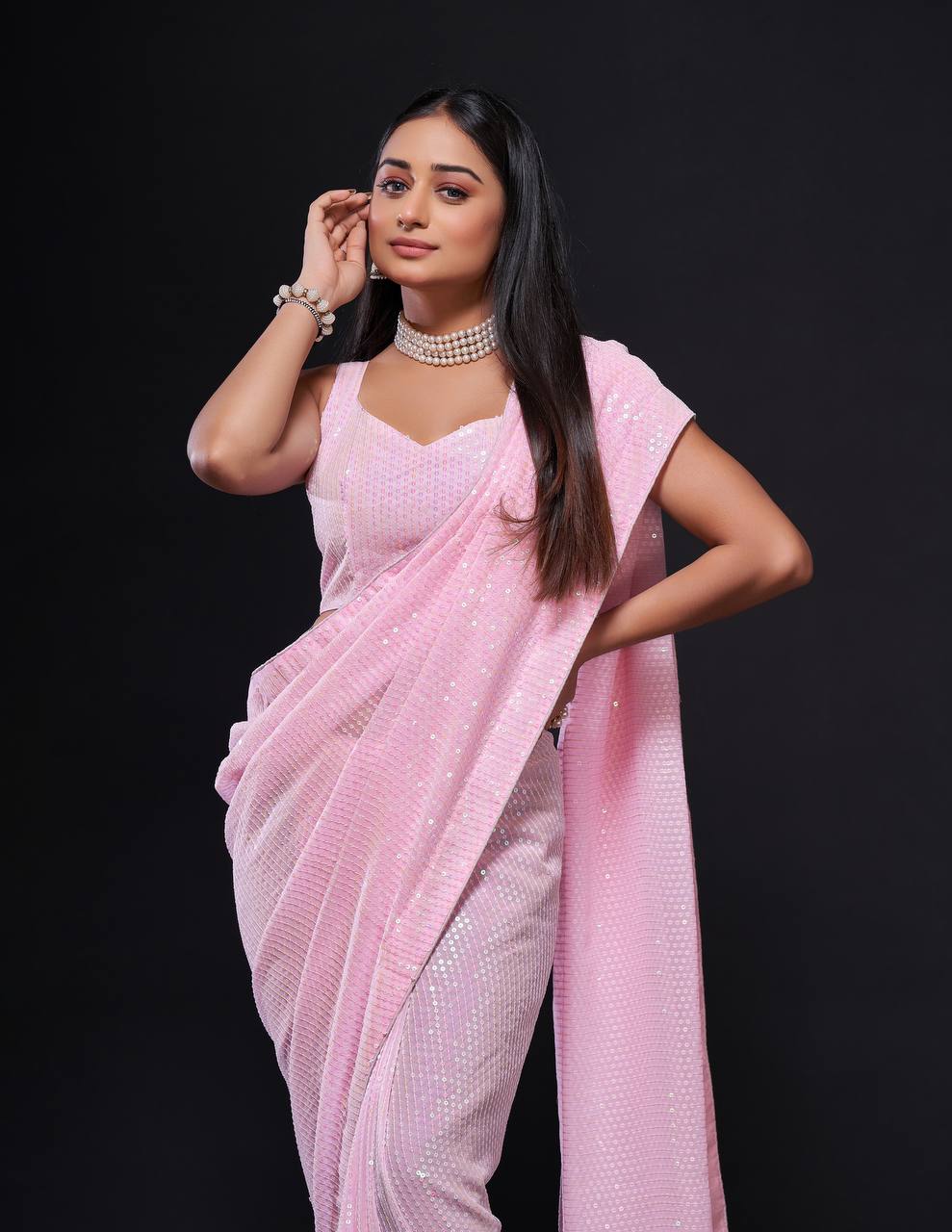 Pink Stunning Georgette Saree with Rainbow Sequin Work & Matching Blouse