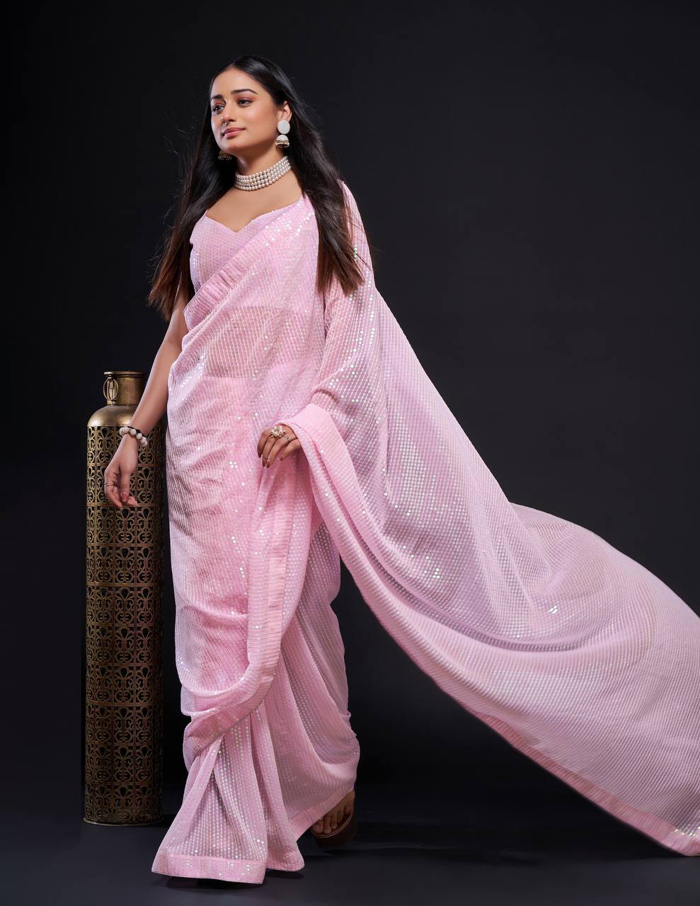 Pink Stunning Georgette Saree with Rainbow Sequin Work & Matching Blouse