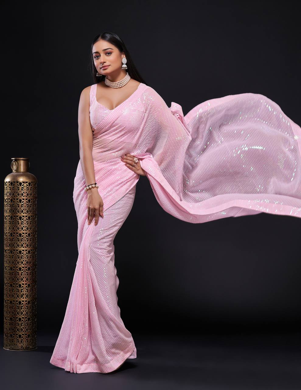 Pink Stunning Georgette Saree with Rainbow Sequin Work & Matching Blouse