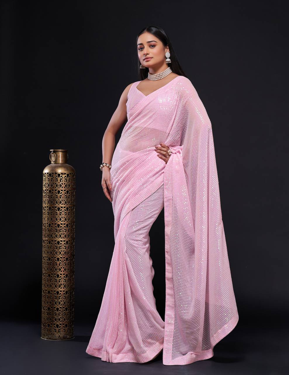 Pink Stunning Georgette Saree with Rainbow Sequin Work & Matching Blouse