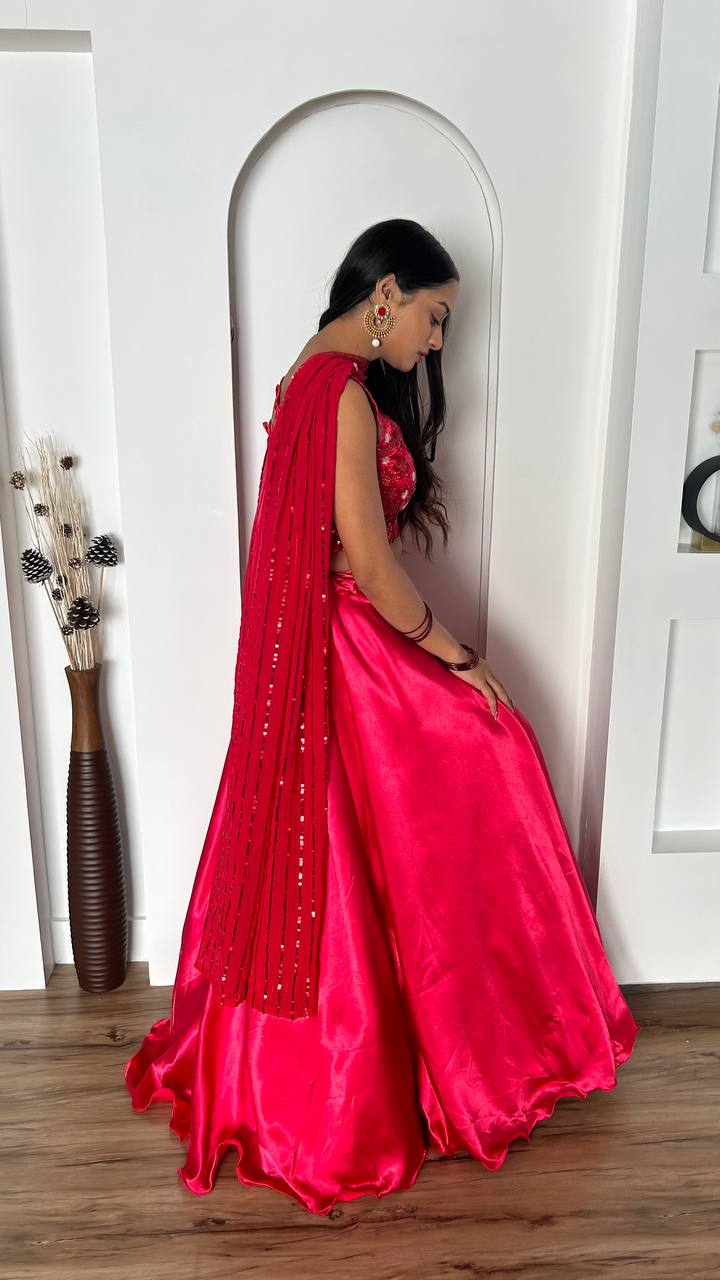 Pink Stunning Japan Satin Silk Lehenga Set with Sequins & Thread Work