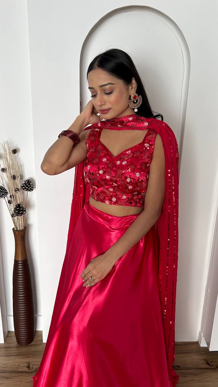 Pink Stunning Japan Satin Silk Lehenga Set with Sequins & Thread Work