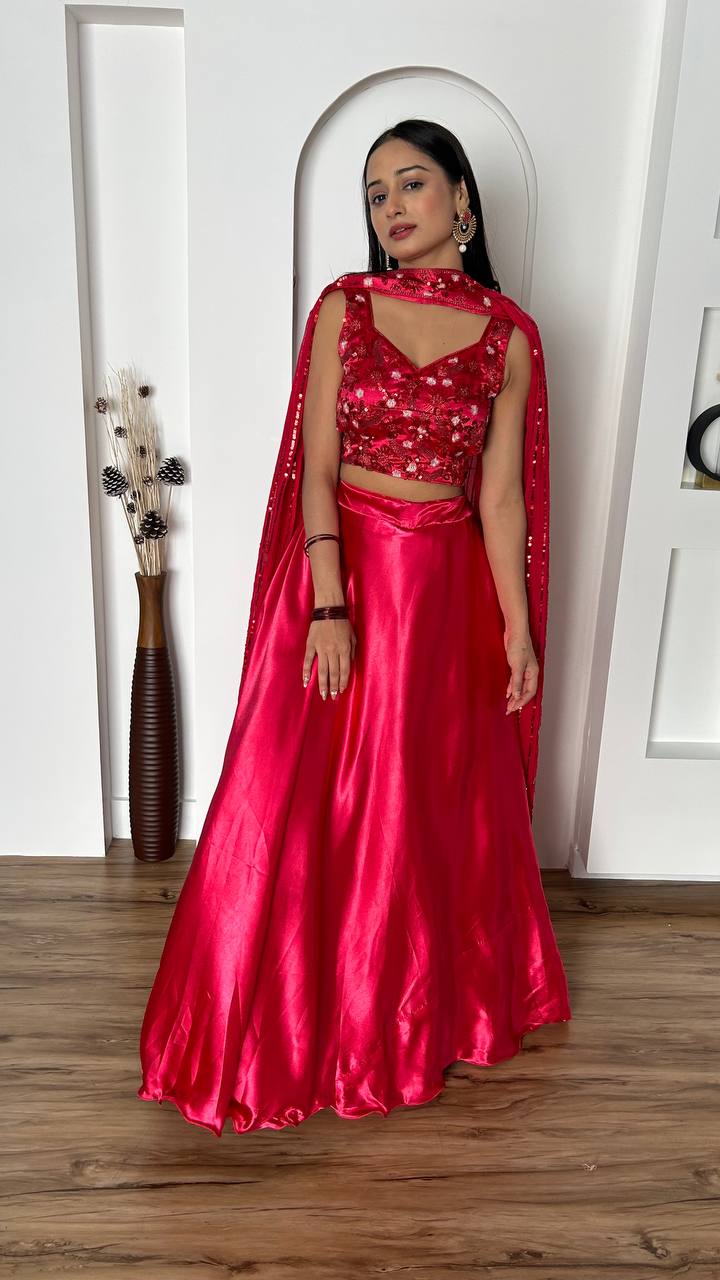Pink Stunning Japan Satin Silk Lehenga Set with Sequins & Thread Work