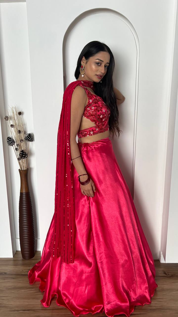Pink Stunning Japan Satin Silk Lehenga Set with Sequins & Thread Work