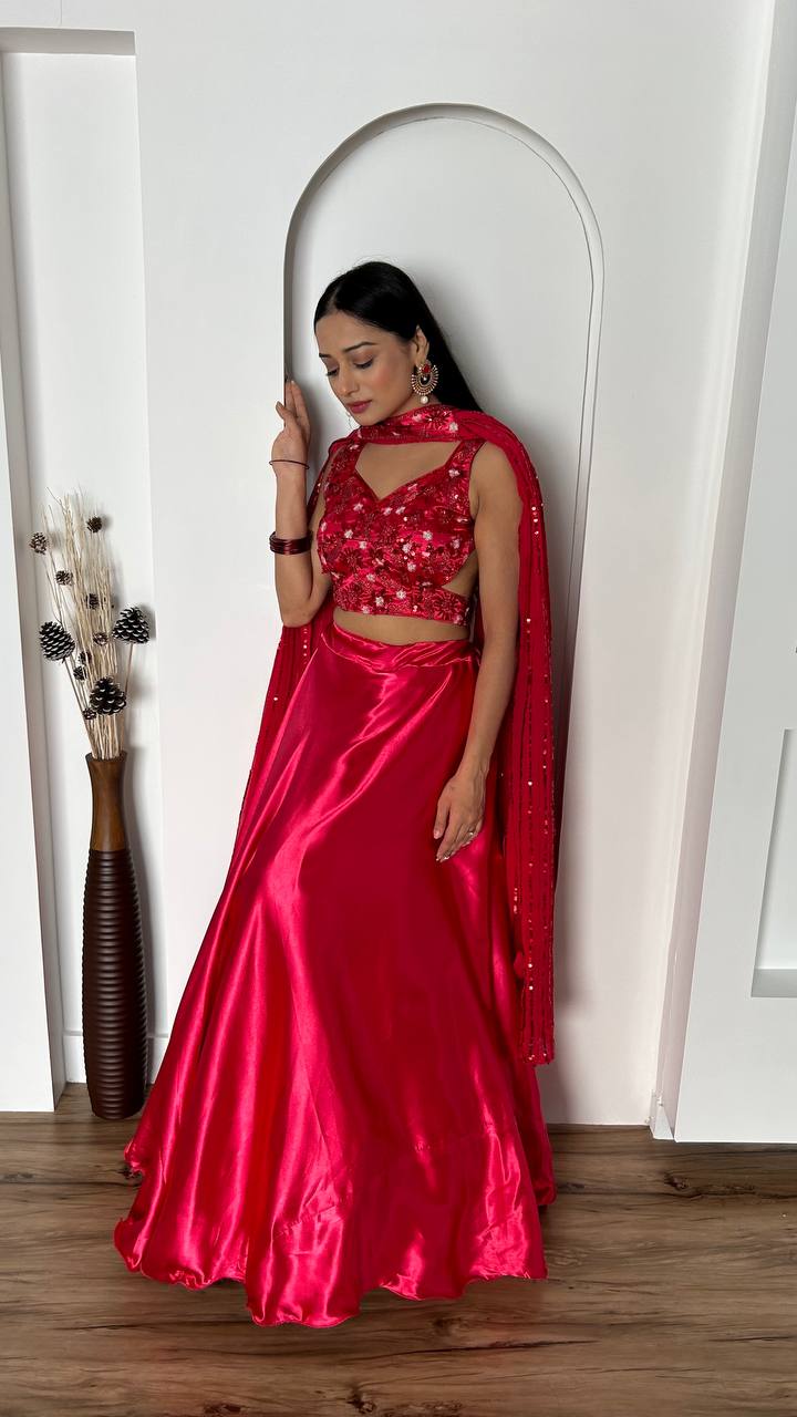 Pink Stunning Japan Satin Silk Lehenga Set with Sequins & Thread Work