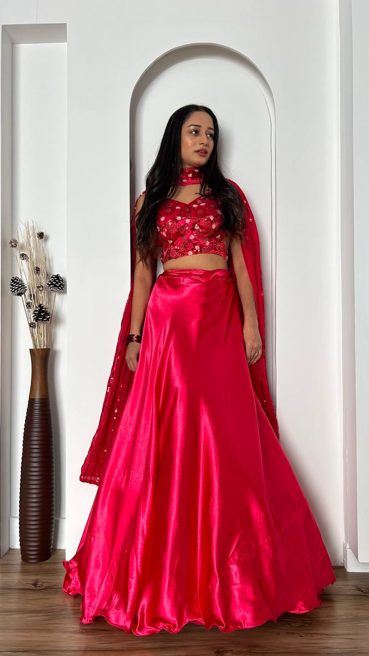 Pink Stunning Japan Satin Silk Lehenga Set with Sequins & Thread Work
