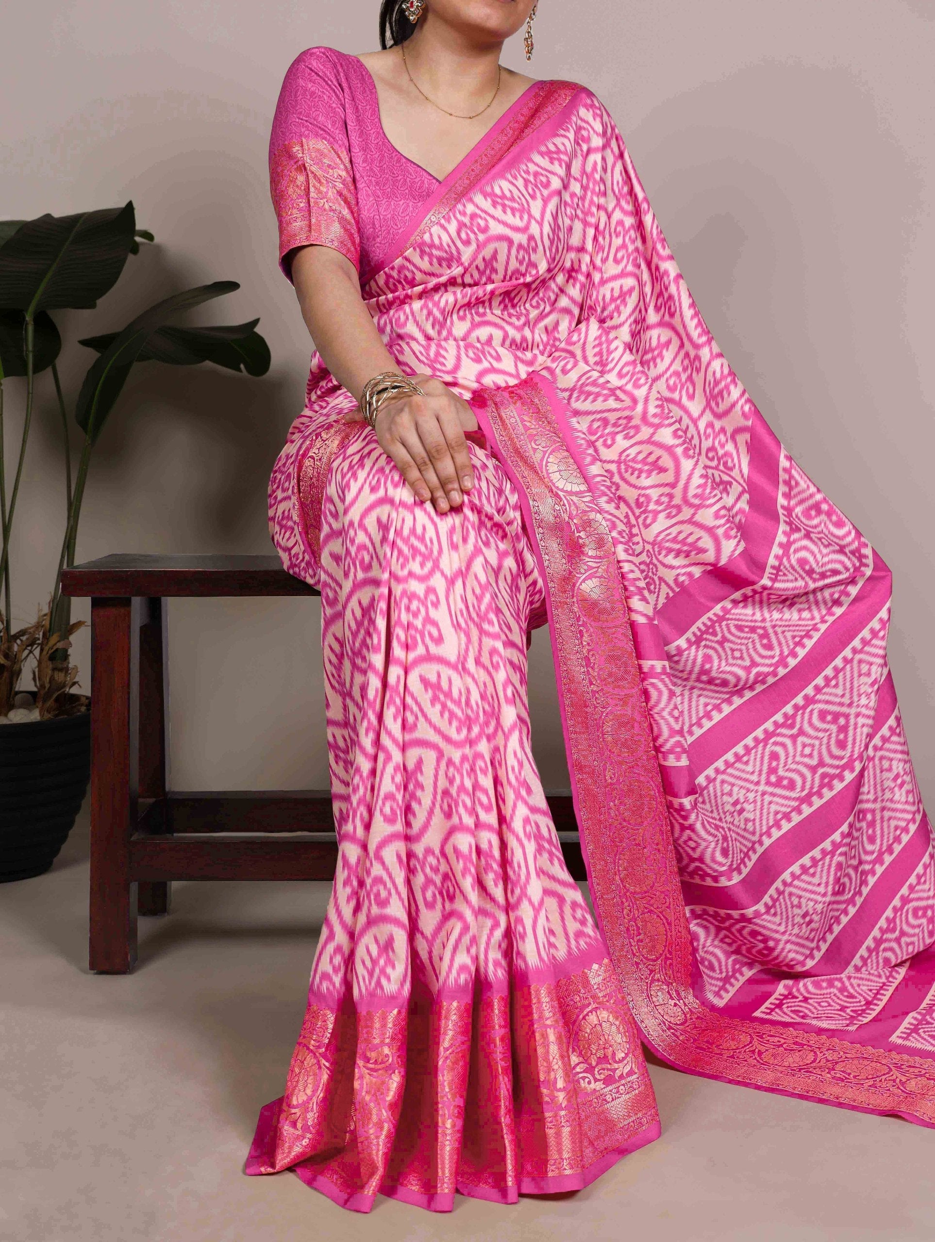 Pink Tasar Silk Printed Saree