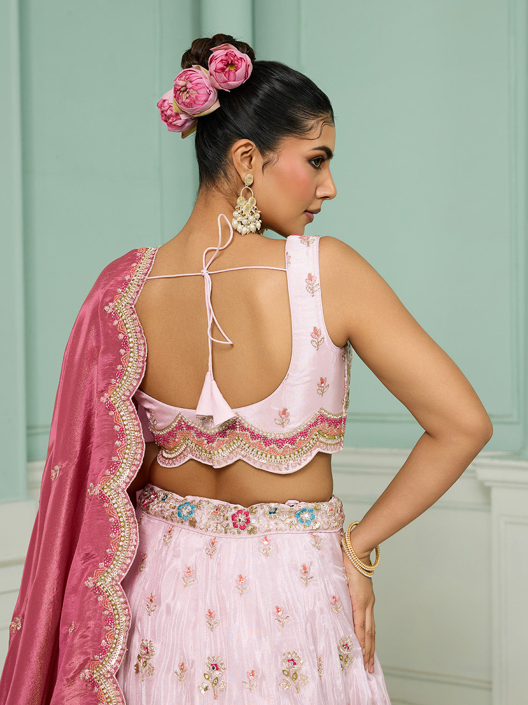 Pink Tissue Lehenga Choli with Sequins, Beads & Thread Embroidery – Full-Flared Semi-Stitched Lehenga with Dupatta