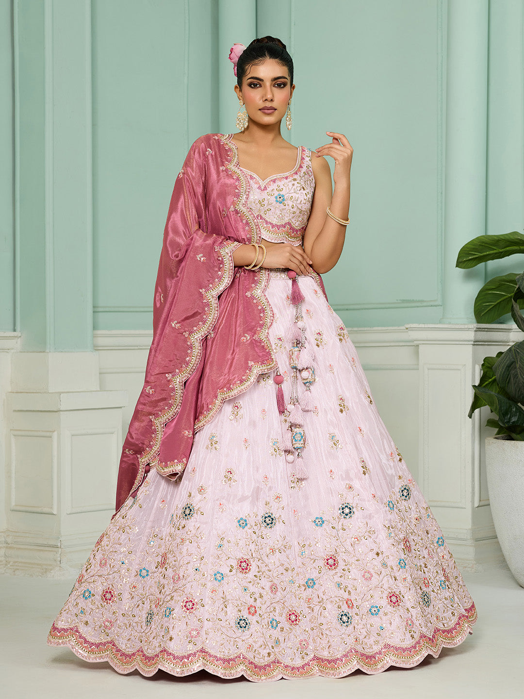 Pink Tissue Lehenga Choli with Sequins, Beads & Thread Embroidery – Full-Flared Semi-Stitched Lehenga with Dupatta