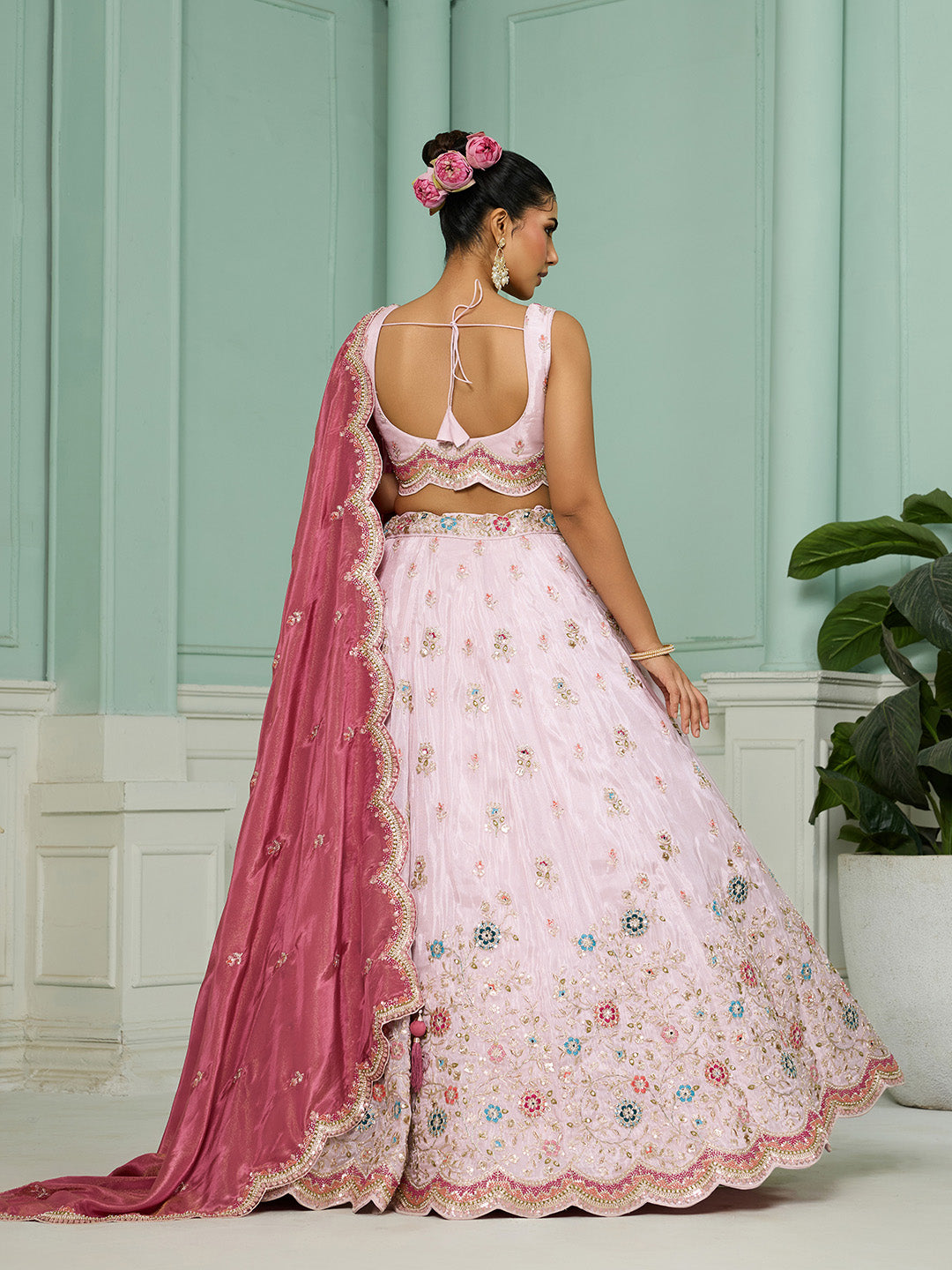 Pink Tissue Lehenga Choli with Sequins, Beads & Thread Embroidery – Full-Flared Semi-Stitched Lehenga with Dupatta