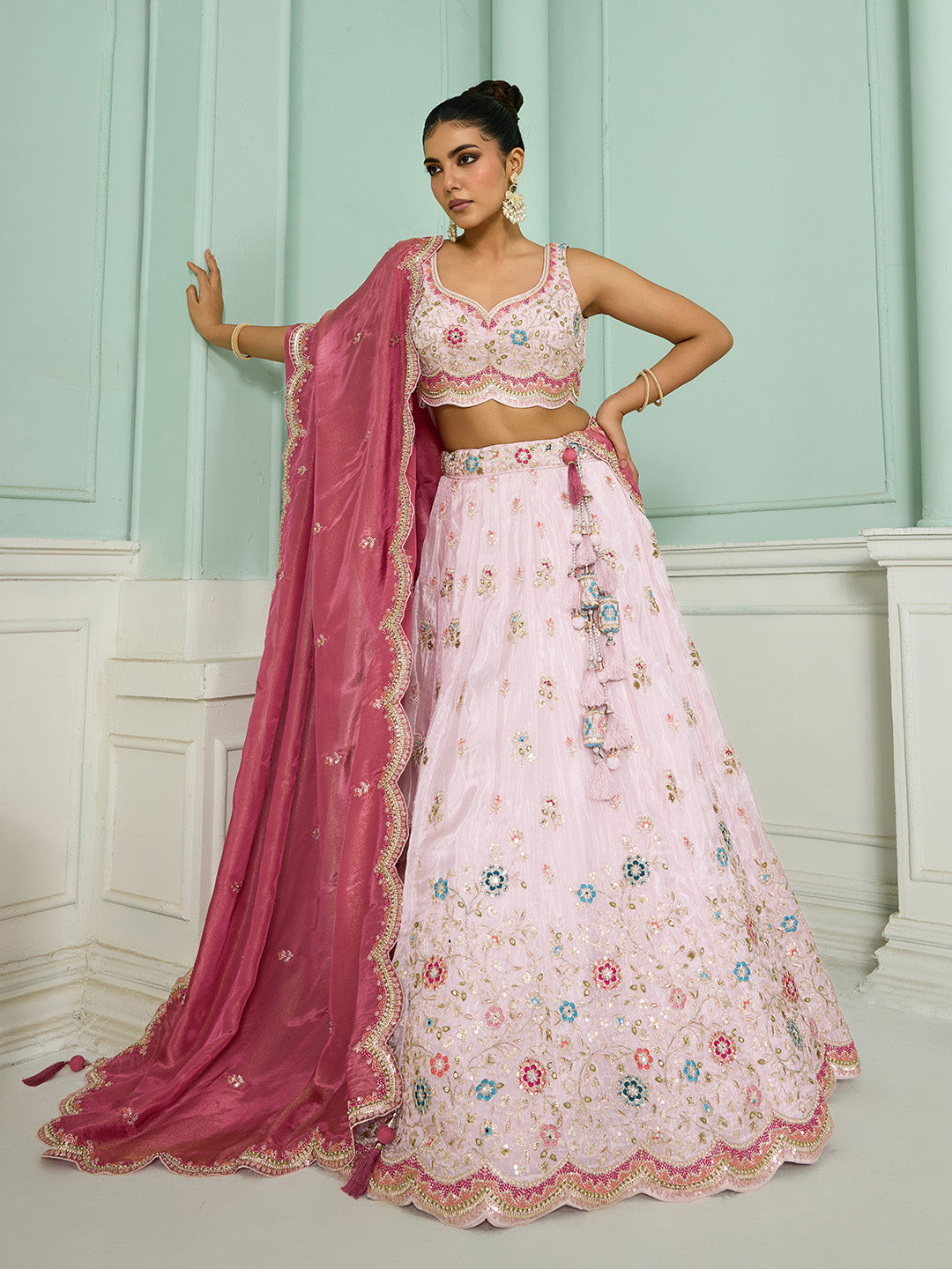 Pink Tissue Lehenga Choli with Sequins, Beads & Thread Embroidery – Full-Flared Semi-Stitched Lehenga with Dupatta