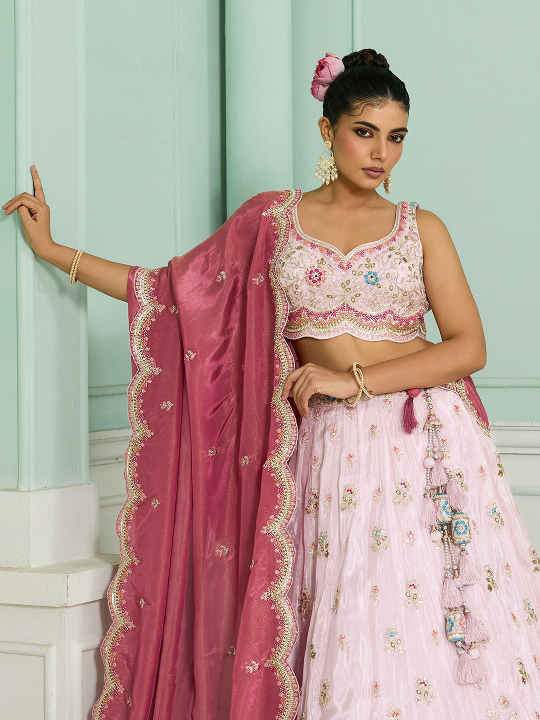 Pink Tissue Lehenga Choli with Sequins, Beads & Thread Embroidery – Full-Flared Semi-Stitched Lehenga with Dupatta