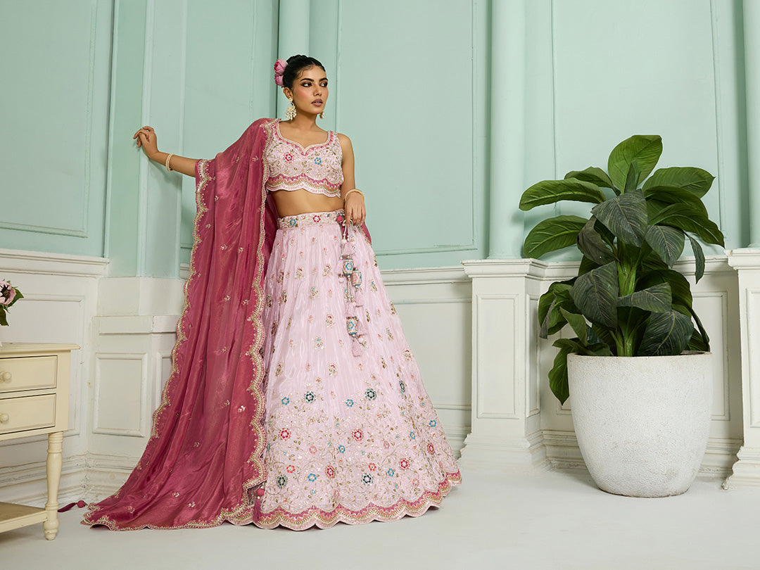 Pink Tissue Lehenga Choli with Sequins, Beads & Thread Embroidery – Full-Flared Semi-Stitched Lehenga with Dupatta