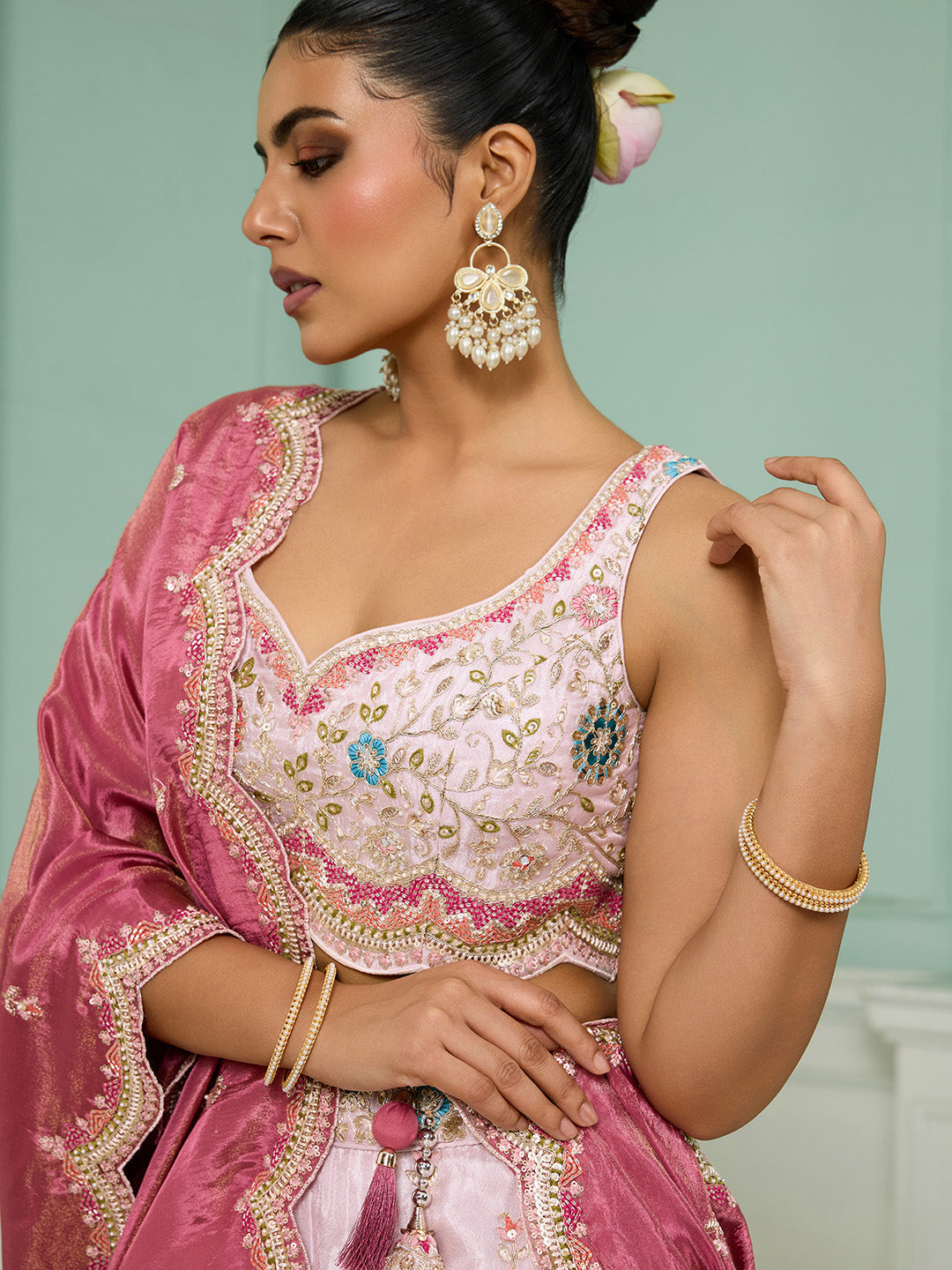 Pink Tissue Lehenga Choli with Sequins, Beads & Thread Embroidery – Full-Flared Semi-Stitched Lehenga with Dupatta
