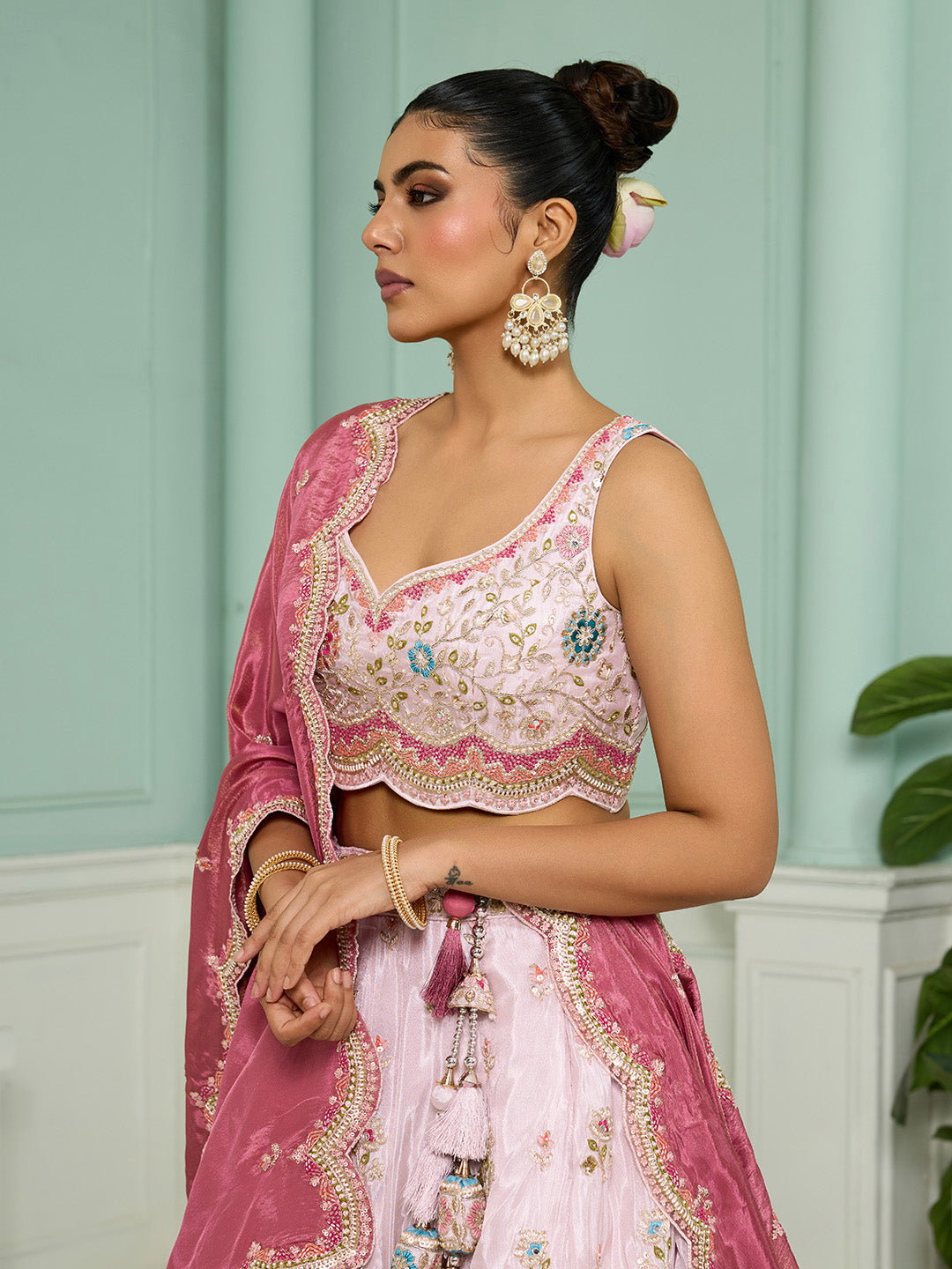 Pink Tissue Lehenga Choli with Sequins, Beads & Thread Embroidery – Full-Flared Semi-Stitched Lehenga with Dupatta