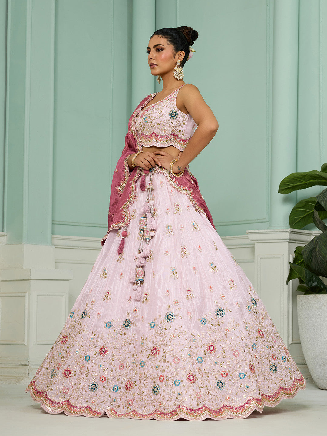 Pink Tissue Lehenga Choli with Sequins, Beads & Thread Embroidery – Full-Flared Semi-Stitched Lehenga with Dupatta