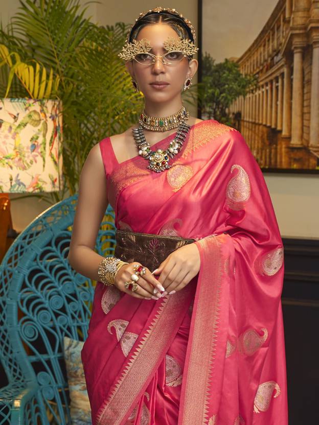 Pink Traditional Baluchari Silk Blend Saree with Unstitched Blouse Piece