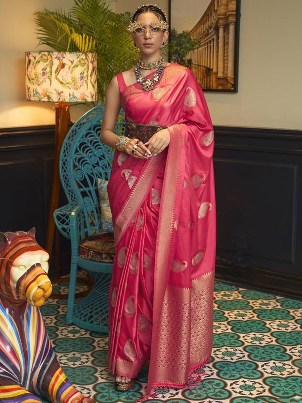 Pink Traditional Baluchari Silk Blend Saree with Unstitched Blouse Piece