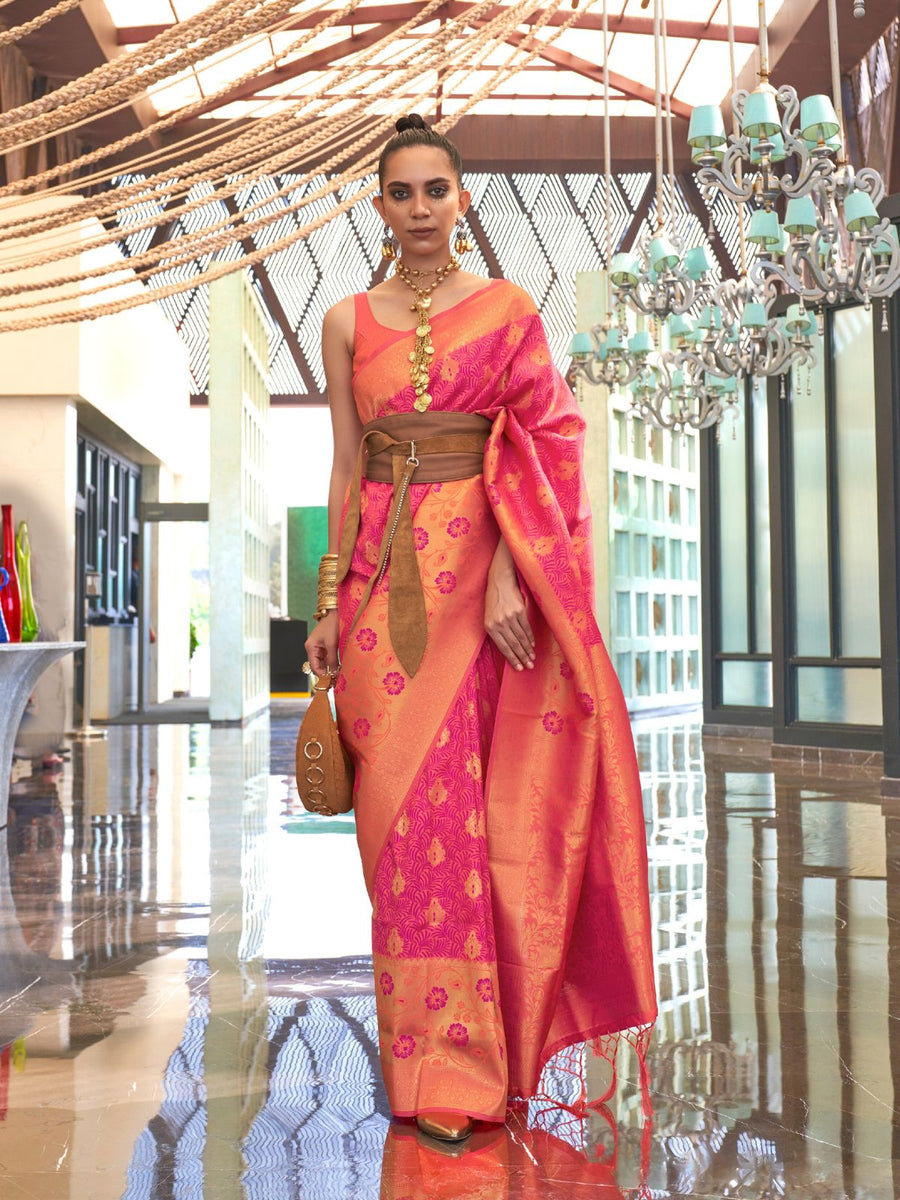 Pink Traditional Banarasi Silk Blend Saree with Unstitched Blouse Piece
