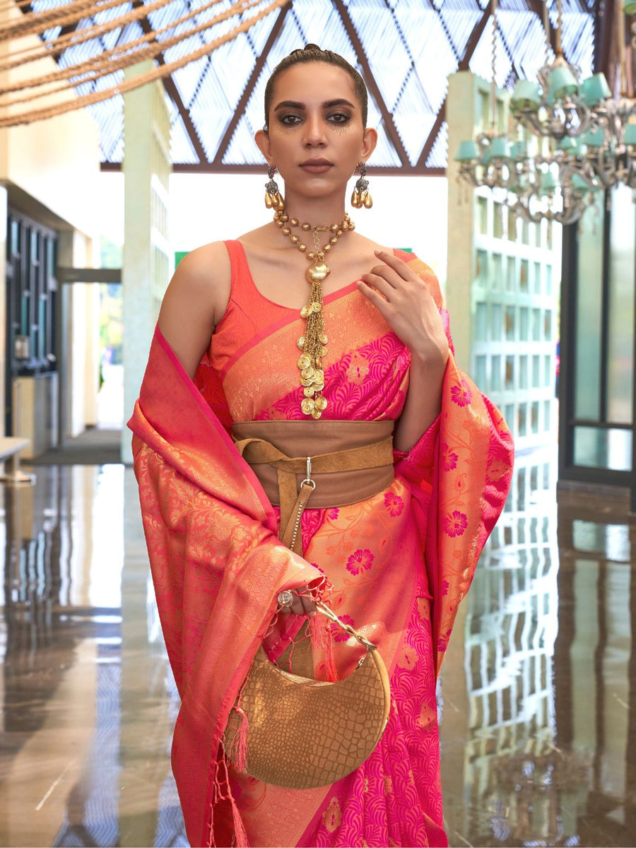 Pink Traditional Banarasi Silk Blend Saree with Unstitched Blouse Piece