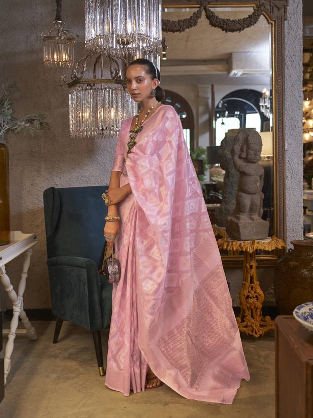 Pink Traditional Linen Banarasi Saree with Unstitched Blouse Piece