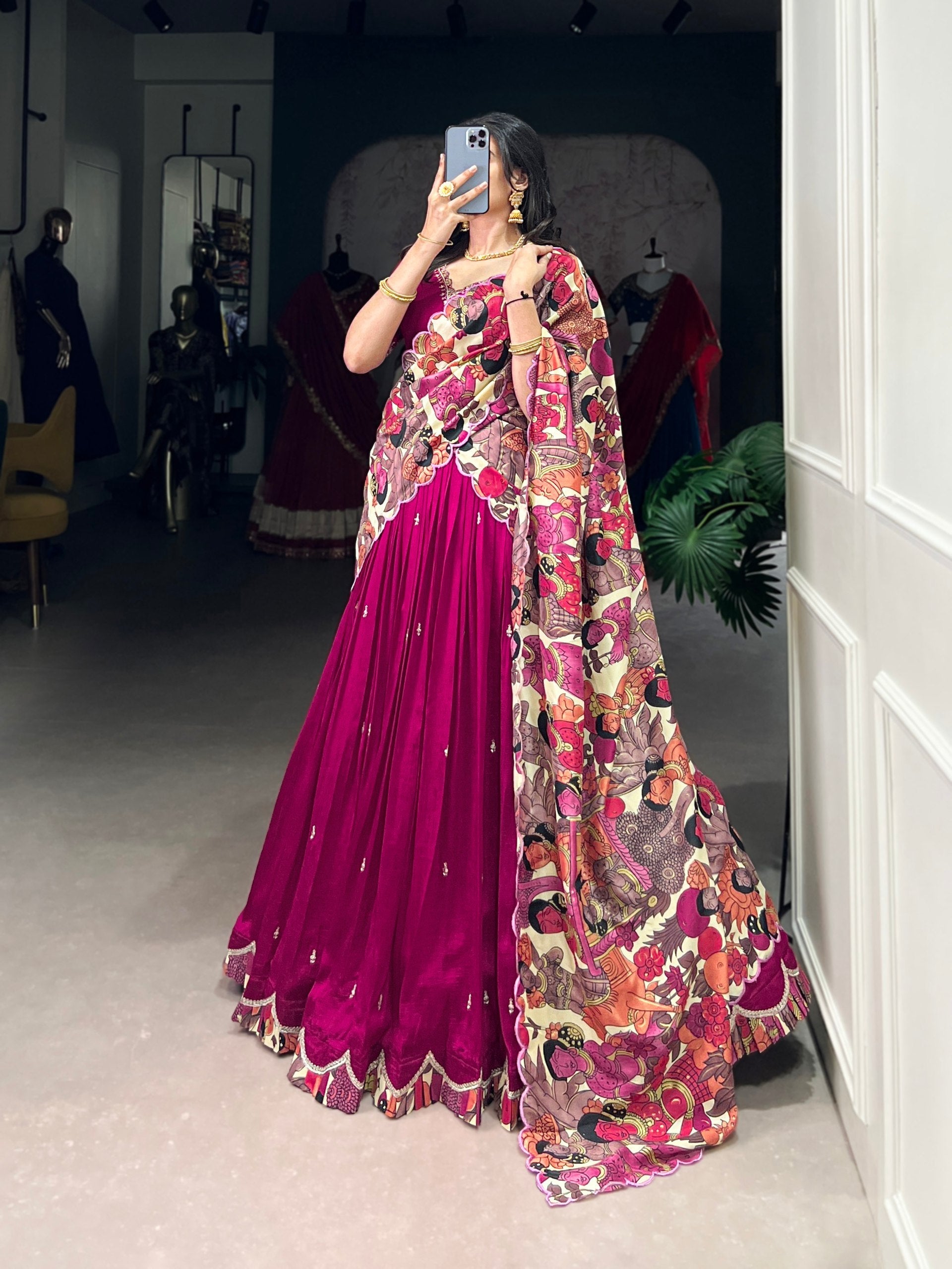 Pink Vichitra Silk Embroidered Lehenga Set with Kalamkari Print Dupatta