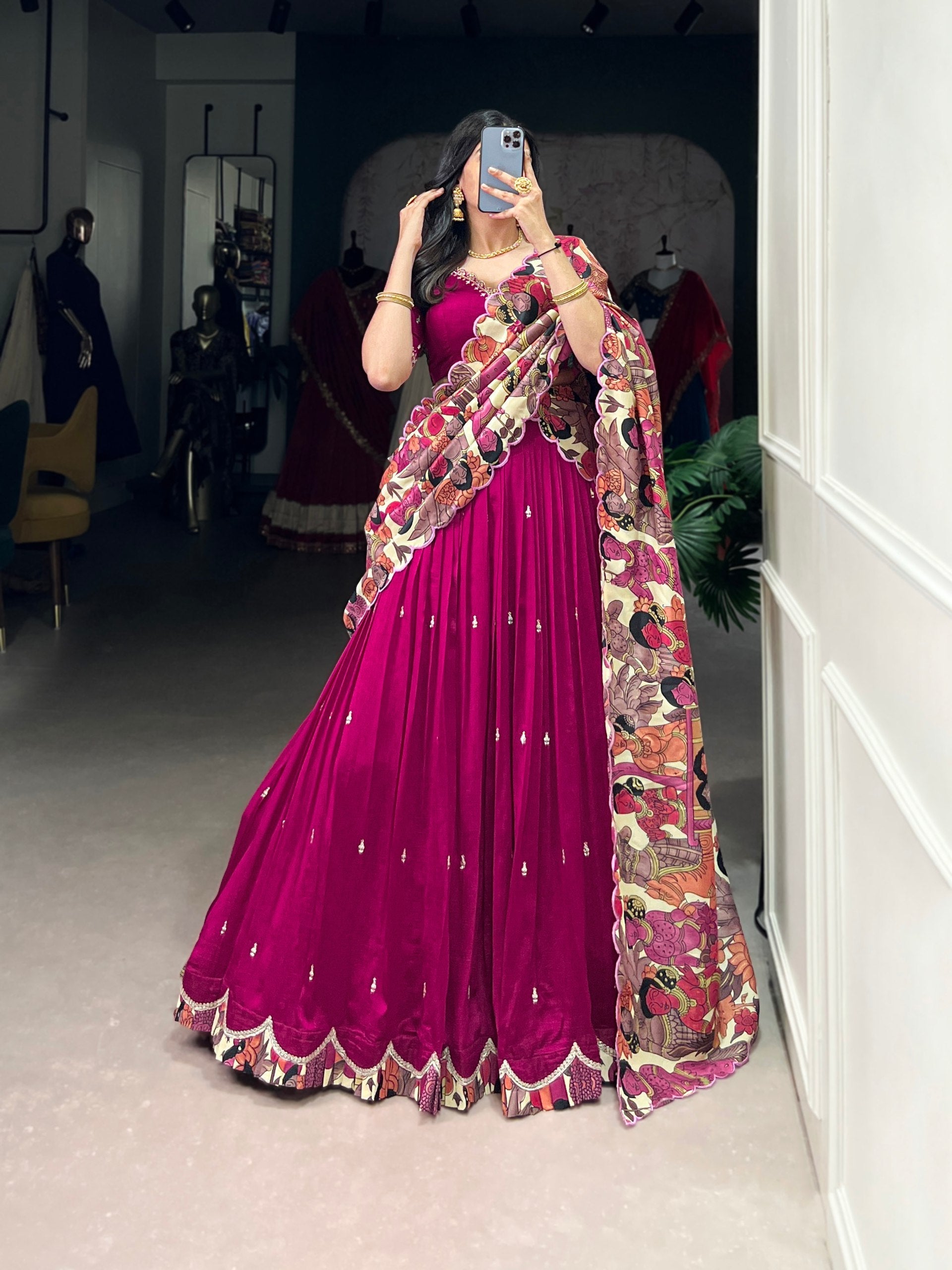 Pink Vichitra Silk Embroidered Lehenga Set with Kalamkari Print Dupatta