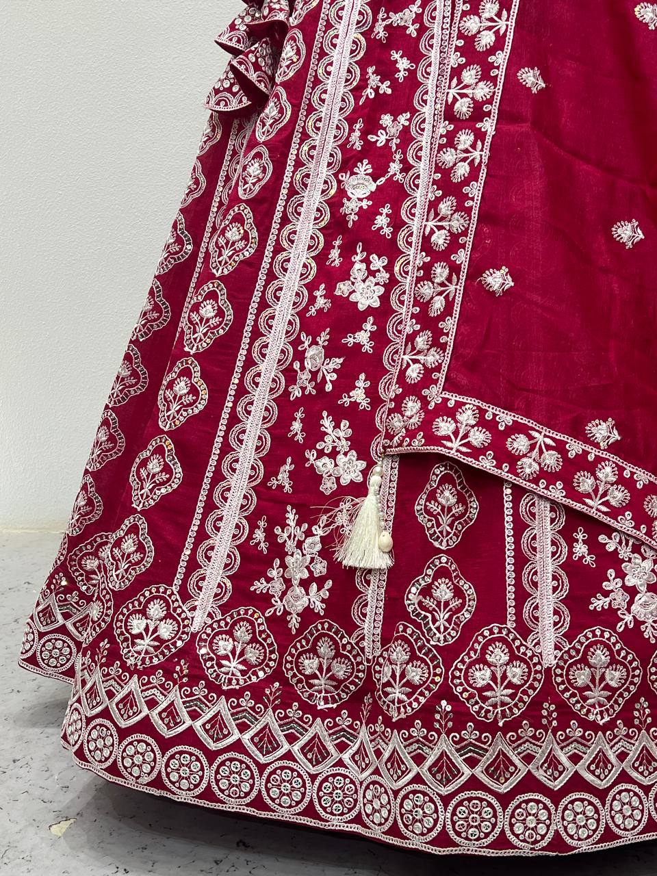 Pink Vichitra Silk Embroidered Lehenga Set with Sequins & Double Layer Can-Can