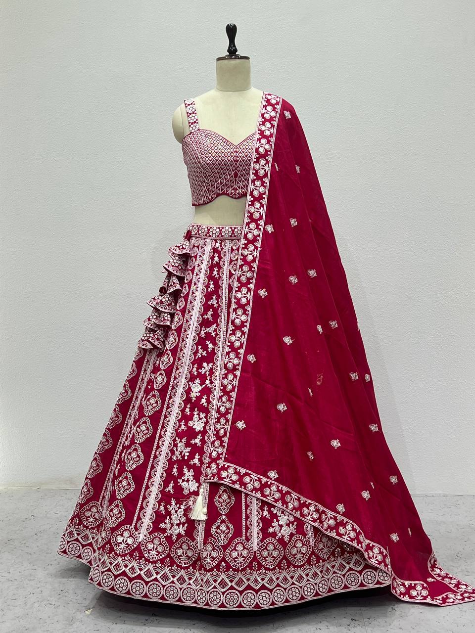 Pink Vichitra Silk Embroidered Lehenga Set with Sequins & Double Layer Can-Can