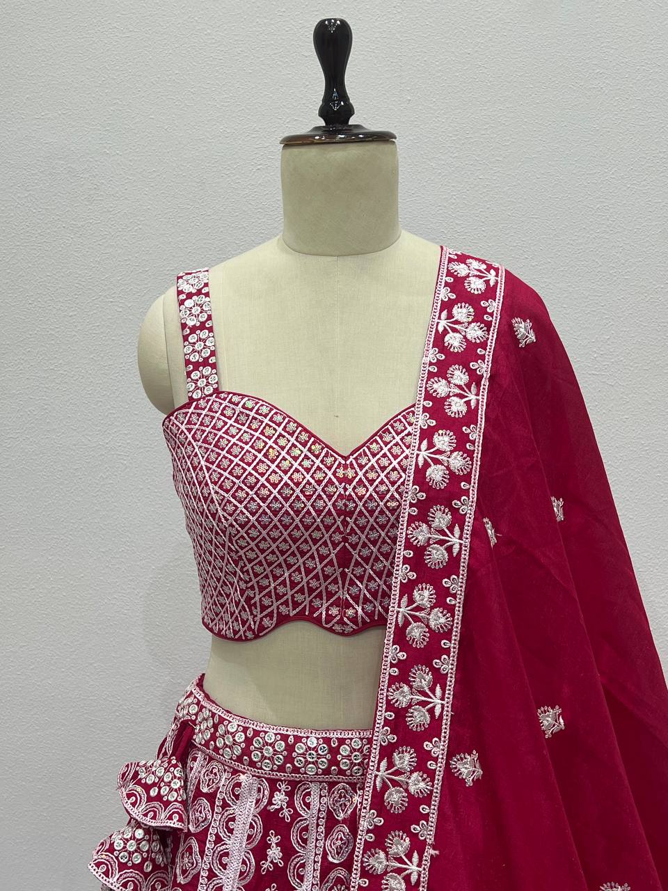 Pink Vichitra Silk Embroidered Lehenga Set with Sequins & Double Layer Can-Can