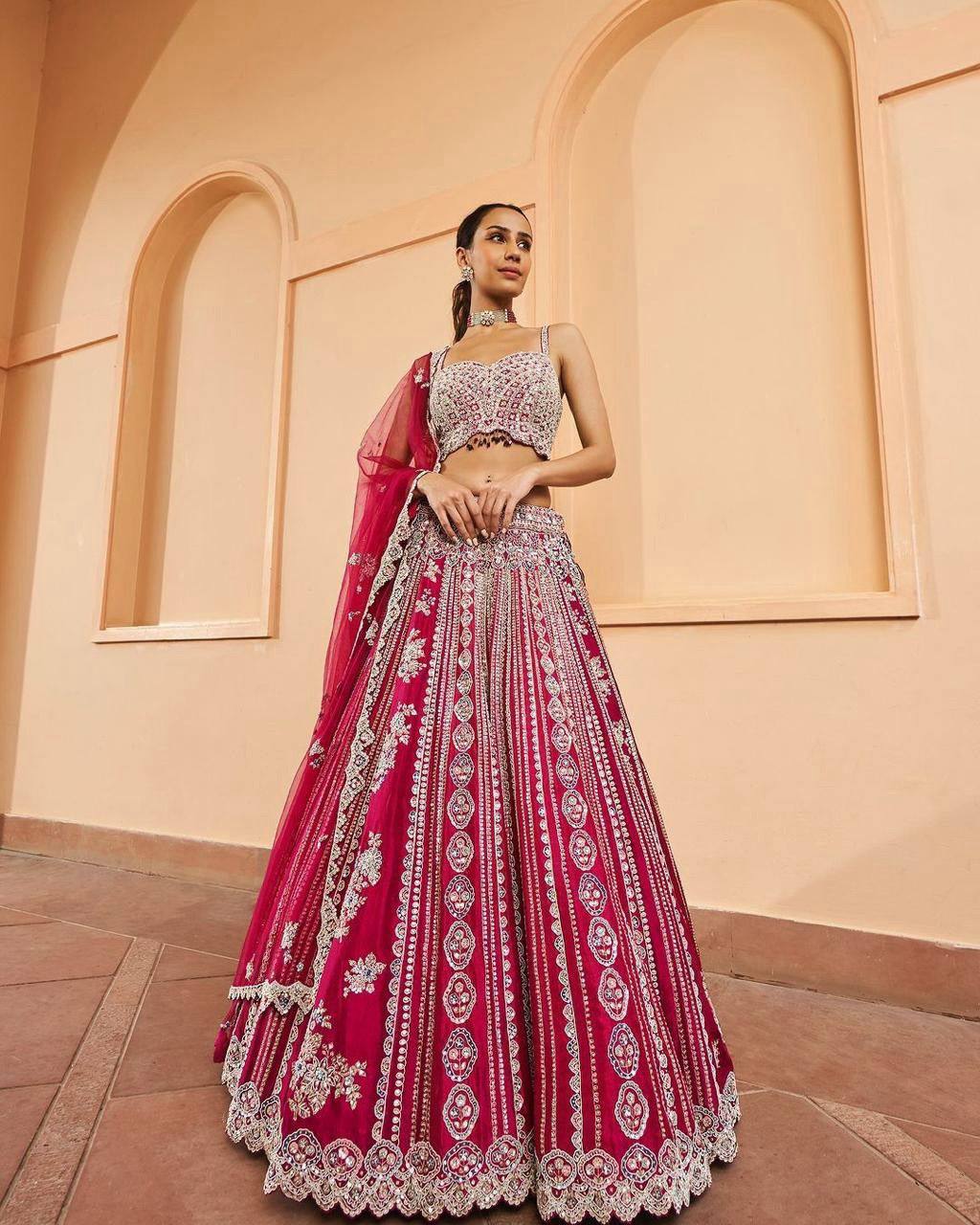 Pink Vichitra Silk Embroidered Lehenga Set with Sequins & Double Layer Can-Can