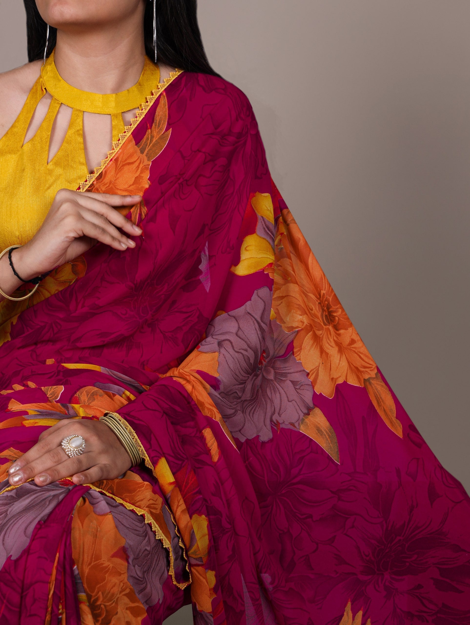 Pink Weightless Marbal Floral Printed Saree with Lace Border & Unstitched Banglory Plain Blouse