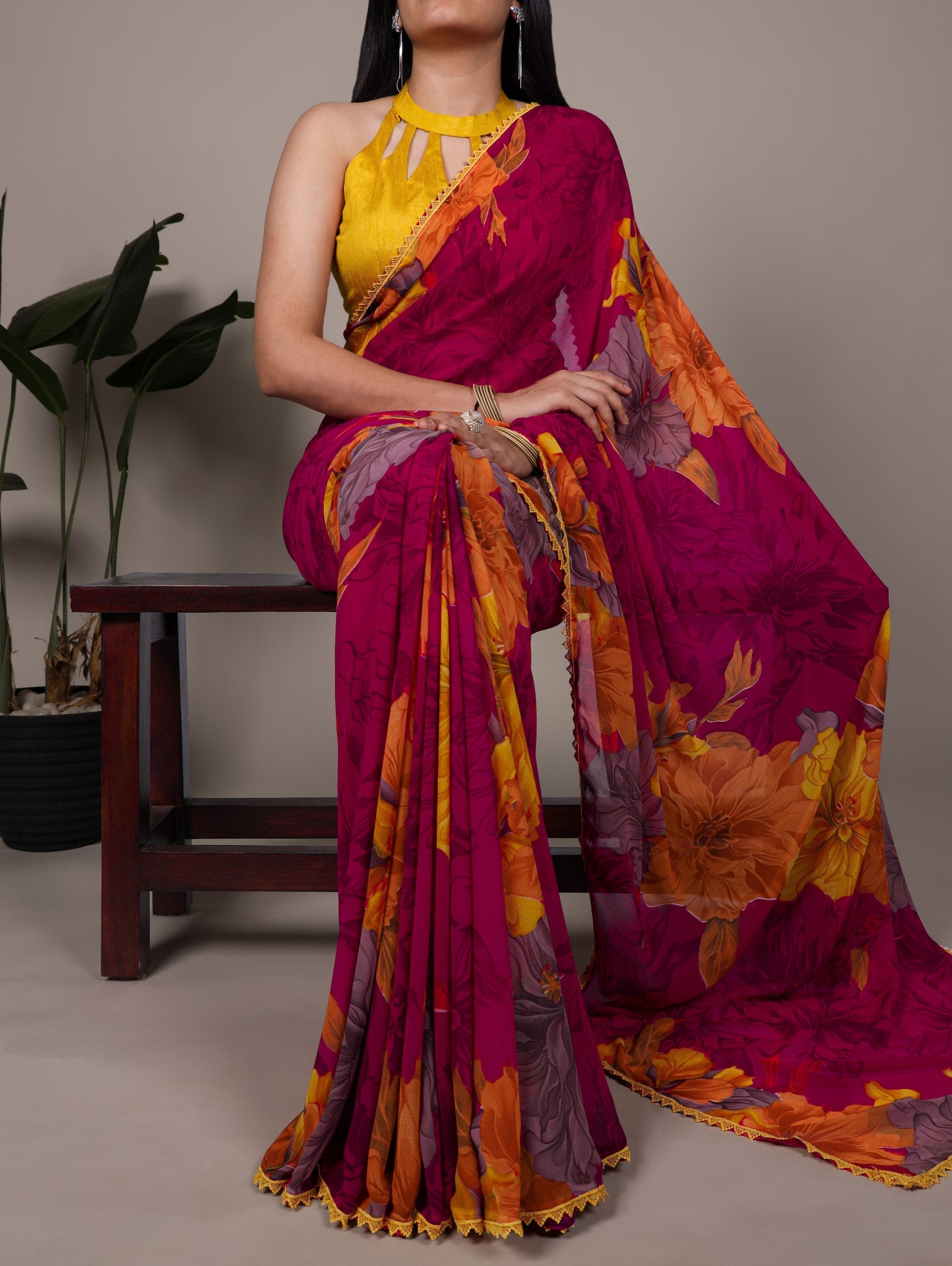 Pink Weightless Marbal Floral Printed Saree with Lace Border & Unstitched Banglory Plain Blouse