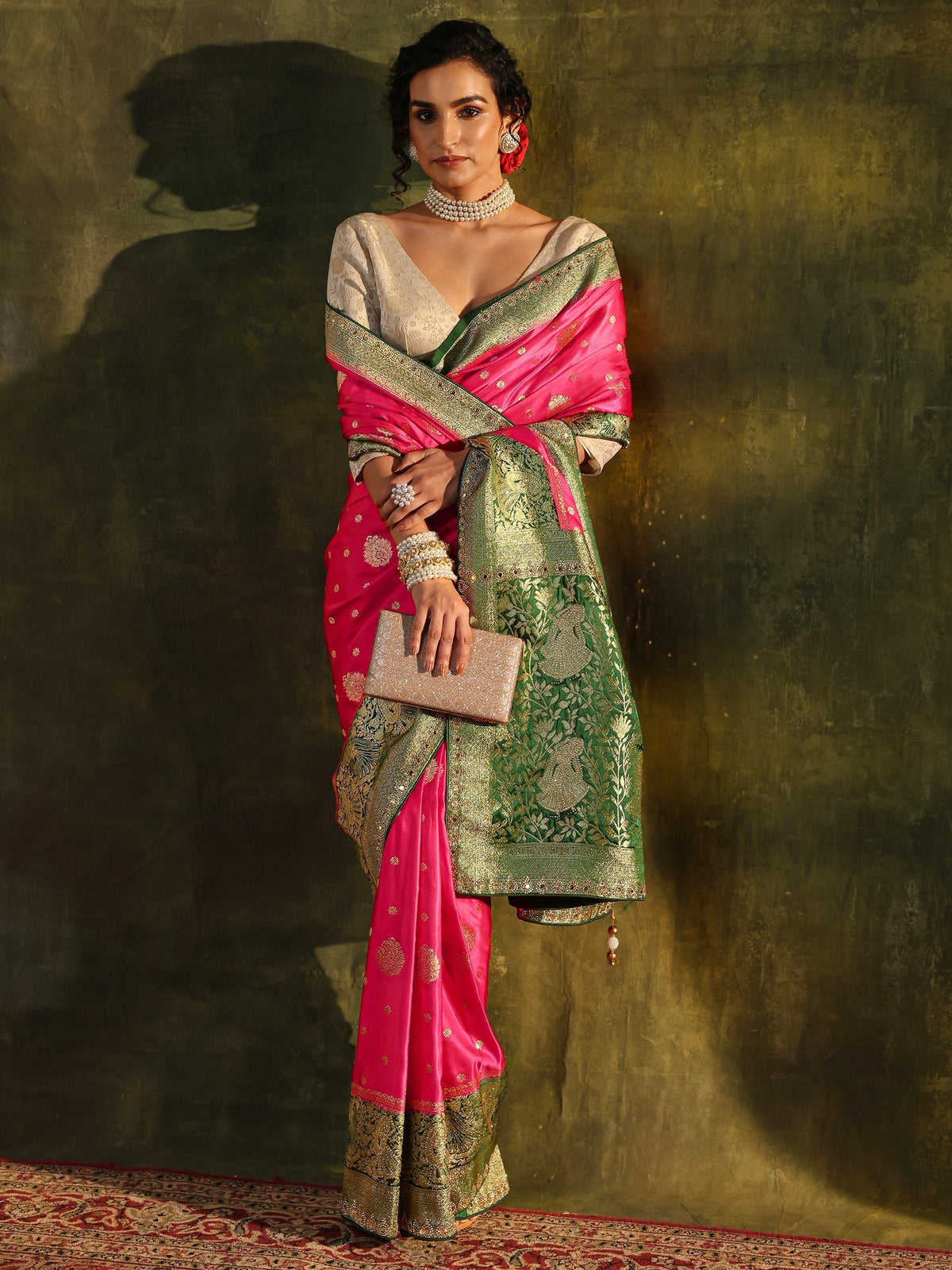 Anouk Pink Woven Design Satin Banarasi Saree With Unstitched Blouse Piece