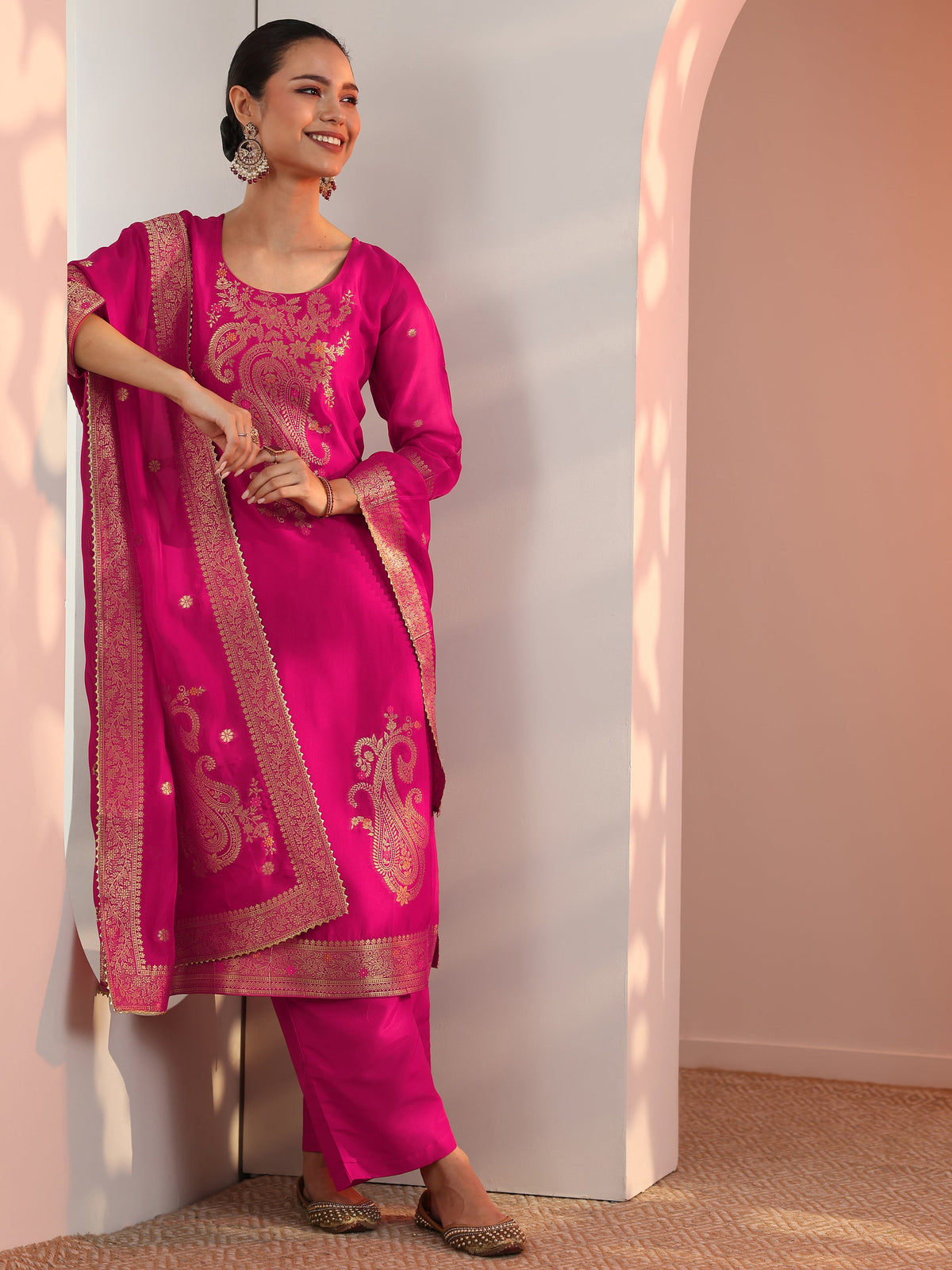 Anouk Pink Woven Design Silk Blend Straight Suit Set With Dupatta